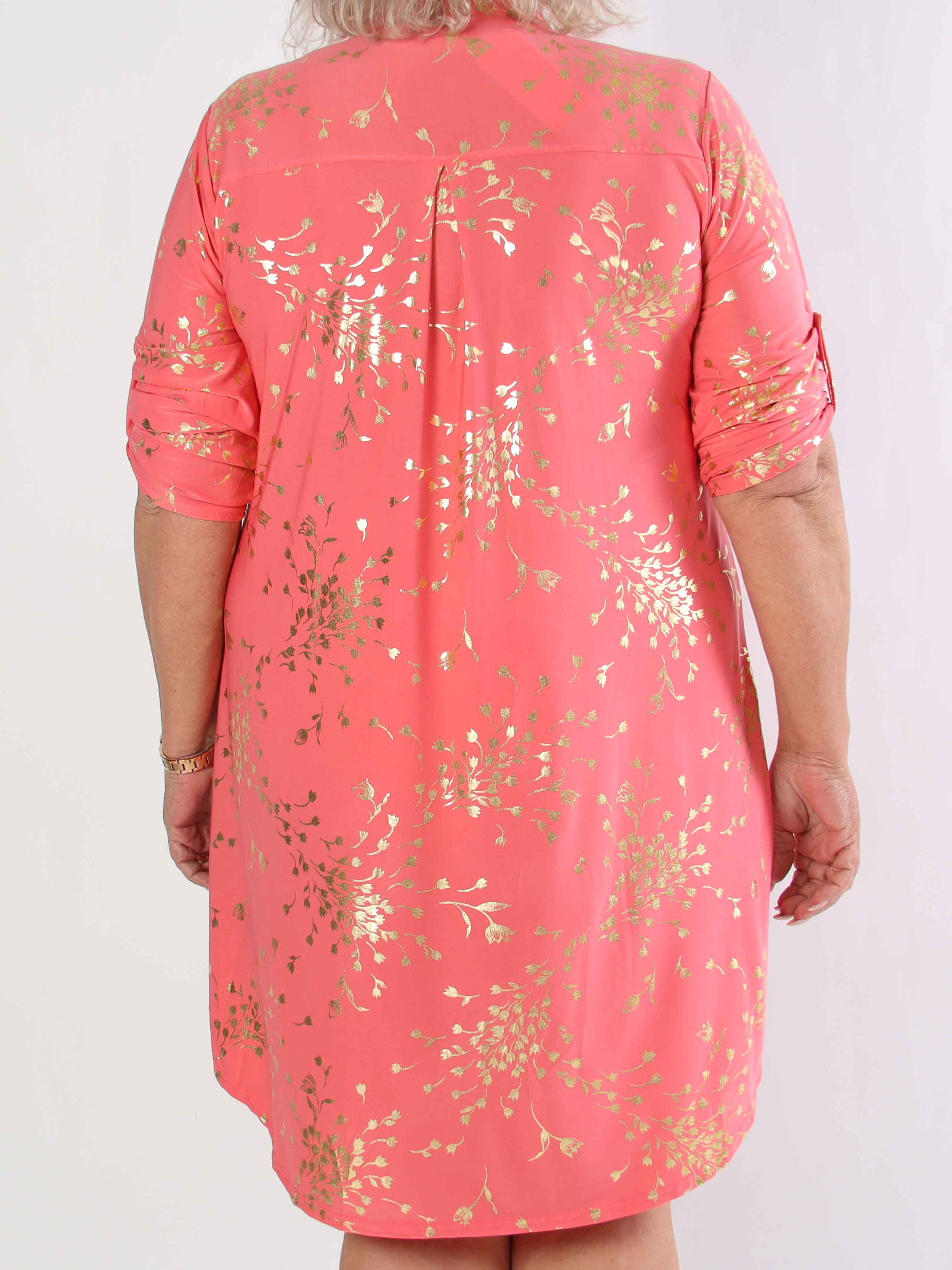 Ebba Gold Leaf Long - Elastisk ensfarvet plus size kjole med guld blomsterprint